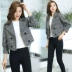 Áo khoác len ngắn nữ mùa thu đông thời trang Hàn Quốc phiên bản thắt lưng chín điểm tay áo kẻ sọc cao ngang eo áo