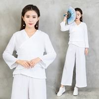 Xuân 2018 phong cách quốc dân mới quần áo yoga mới bằng vải cotton và áo thun chéo ngực thun lưng quần ống rộng hai mảnh áo khoác voan mỏng