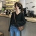 Áo voan nữ 2018 đầu thu mới rộng size V-cổ 200 kg micro béo MM Han Fan áo dài tay đơn giản