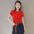 Ou Ama Shiqi Womens 2019 Mùa hè Mới Slim Cổ tròn Chữ thường Màu đỏ ngắn tay áo thun nữ - Áo phông