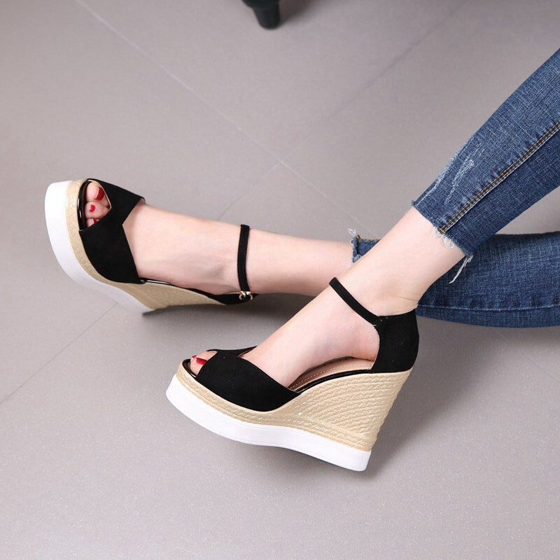 坡跟凉鞋女夏新款超高跟鞋厚底防水台一字扣