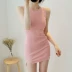 2018 Hàn Quốc với cùng một đoạn váy bất thường nhỏ chia ngã ba đan túi hip không tay màu hồng túi hip váy váy đầm