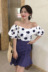 Hồng Kông- phong cách retro sang trọng sóng điểm phun tay áo v- cổ áo sơ mi nữ mùa hè + eo cao đuôi cá váy váy phù hợp với thời trang đồ mặc nhà cao cấp Bộ đồ