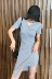 Dora Chaoren Hall Hồng Kông hương vị retro chic nếp gấp không thường xuyên V-Cổ ngắn tay ăn mặc tính khí váy mỏng phụ nữ 	váy thắt dây eo	 Váy eo cao