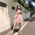 Hồng Kông hương vị retro chic đầu mùa thu 2018 mới V-Cổ eo cao là mỏng ngắn tay đầm sóng điểm Một từ váy ngắn nữ