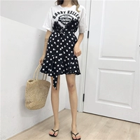 Dora Chaoren Hall Hồng Kông hương vị retro chic thư T-Shirt khâu ren side điểm sóng voan giả hai mảnh váy 	váy liền nhún eo	