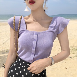 Dora Chaoren Hội Trường Hồng Kông hương vị retro chic màu rắn vuông cổ áo ngắn dây đeo ống top từ cổ áo đan vest phụ nữ