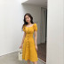 Hồng Kông hương vị retro chic đầu mùa thu 2018 new slim quảng trường cổ áo đơn ngực dress solid color ngắn tay dài váy nữ các mẫu váy hạ eo đẹp	 Váy eo cao