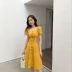 Hồng Kông hương vị retro chic đầu mùa thu 2018 new slim quảng trường cổ áo đơn ngực dress solid color ngắn tay dài váy nữ Váy eo cao