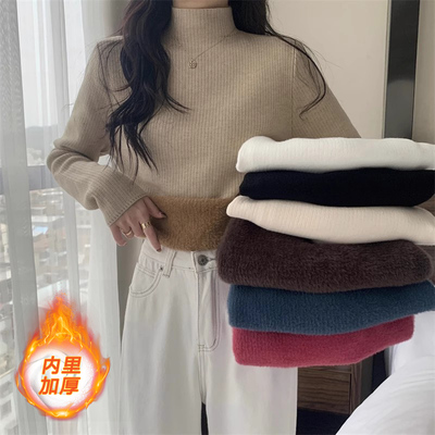 taobao agent Solid knitted demi-season sweater, warm warm long-sleeve, plus size, high collar, fitted