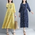 2018 mùa hè mới phong cách cao eo đu lớn dress kích thước lớn in lỏng bảy điểm tay áo robe cotton và linen dress