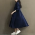 Mori cô gái 2018 mùa xuân mới Hàn Quốc phiên bản của văn học dòng lớn linen ăn mặc bat tay áo v-cổ dài tay cotton và linen ăn mặc váy dài xếp ly Váy dài