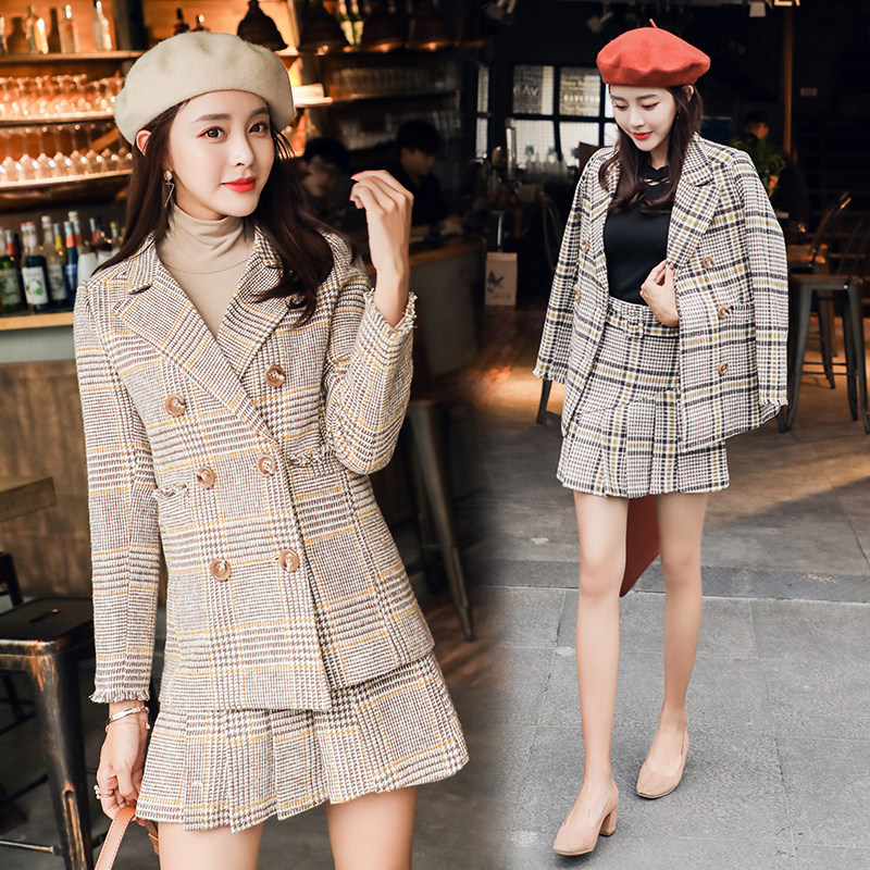 格子毛呢套装女秋冬2018新款时尚小香风千鸟格英伦风两件套裙