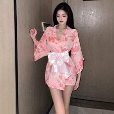 Пижама 格格家 网红性感辣妹v领显胸日式开衫和服睡衣蝴蝶结系带收腰套装