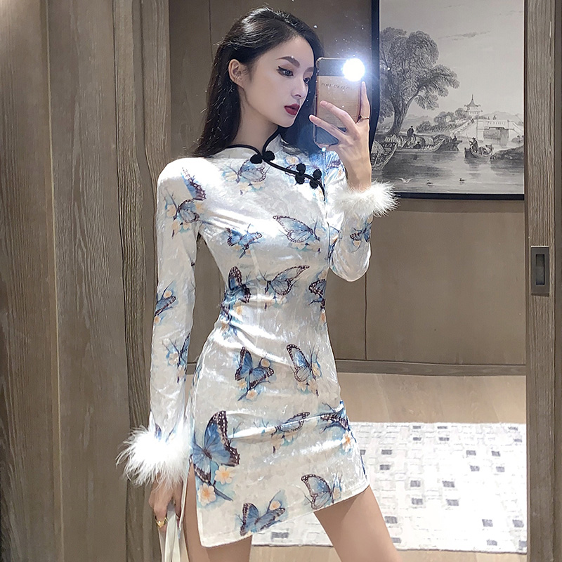 Spring elegant mini-skirt, cheongsam, dress, long sleeve