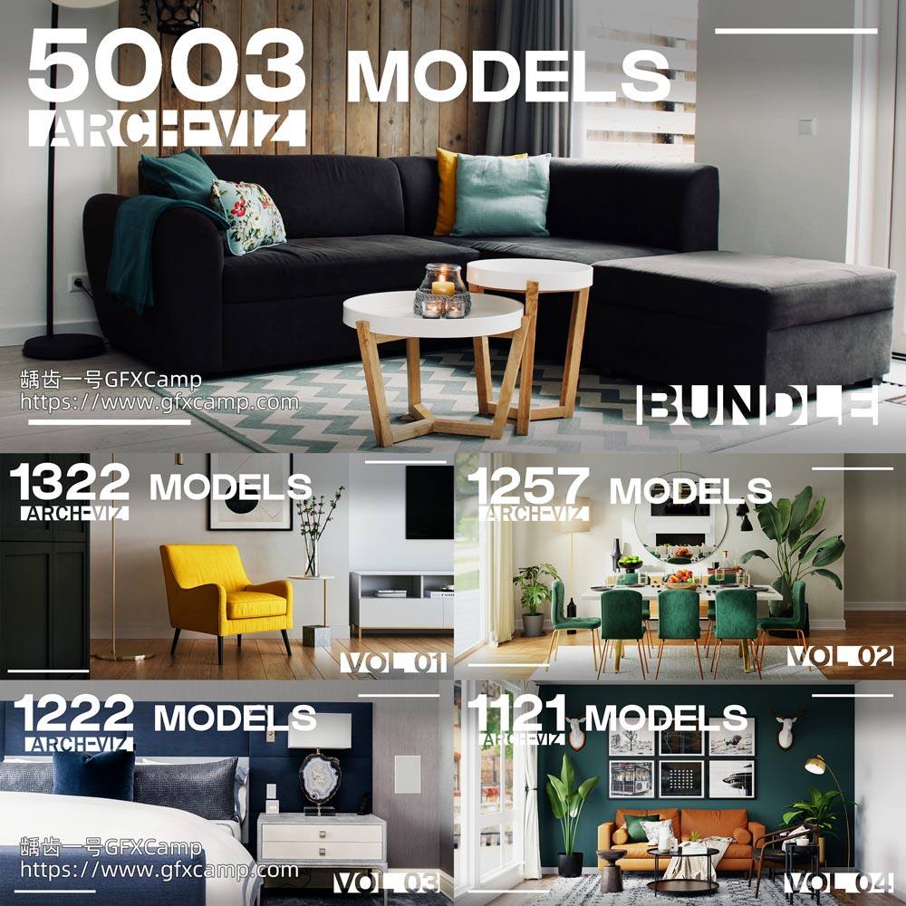 Blender 5003组室内家具床桌椅柜子沙发灯具植物3D模型插件预设-天天素材网
