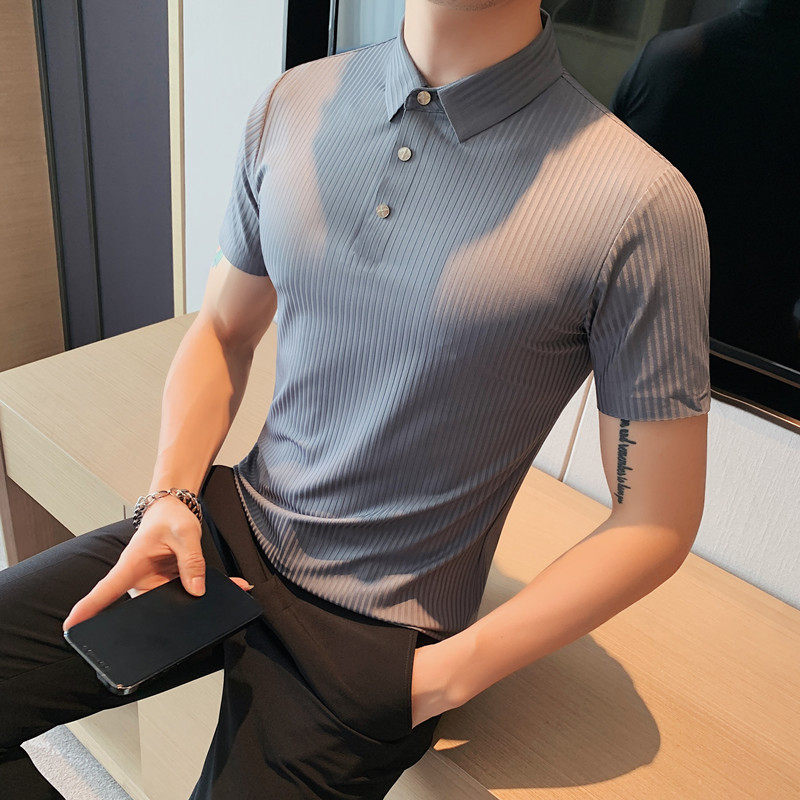 Light luxury summer thin, high-end, seamless embossed short-sleeved Polo shirt for men, slimming striped lapel T-shirt for men details Picture