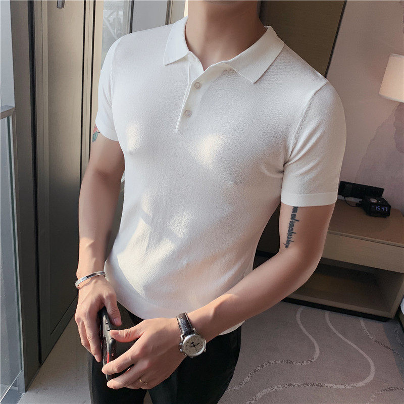 Men's short-sleeved polo shirt, a trendy brand, slim-fit solid color striped half-sleeved summer men's top, ice silk comfortable knitted T-shirt Application Scenario