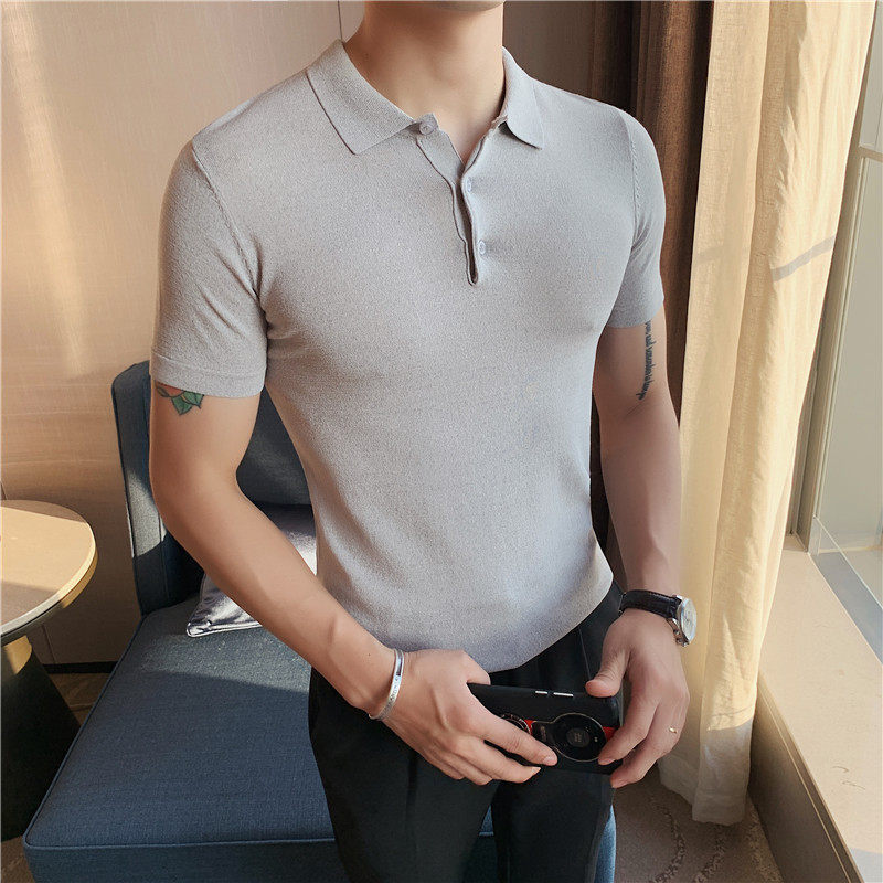 Men's short-sleeved polo shirt, a trendy brand, slim-fit solid color striped half-sleeved summer men's top, ice silk comfortable knitted T-shirt details Picture