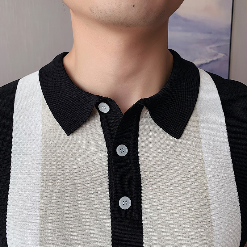 Summer light, breathable, lapel short-sleeved T-shirt for young men, business fashion, striped and color-blocked slim-fit knitted POLO shirt Application Scenario