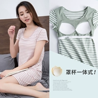 Hàng đầu 呱呱 chính thức hàng đầu cửa hàng đồ ngủ phụ nữ mùa hè nightdress bông ngắn- tay mỏng dịch vụ nhà nữ mùa hè vành đai ngực pad áo ngực đồ ngủ xuyên thấu