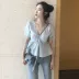 Mùa hè Hàn Quốc phiên bản của chic gió giản dị hoang dã eo mỏng ngắn tay V-Cổ ren áo sơ mi ngắn màu rắn áo sơ mi nữ sơ mi nữ Áo sơ mi