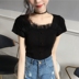 Mùa hè Hàn Quốc phiên bản của gió sang trọng Mỏng mỏng bằng gỗ bên tai cổ áo ngắn tay áo len phần mỏng T-Shirt top áo sơ mi áo len ba lỗ nữ Đan Cardigan