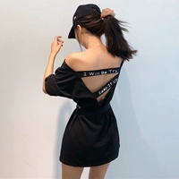 Hàn Quốc phiên bản của từ sang trọng cổ áo ra khỏi vai rỗng trở lại in chữ eo vành đai cao eo là mỏng váy nữ mùa hè đầm khoét eo