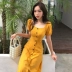 Mùa hè Hàn Quốc phiên bản của chic retro slim cao eo là mỏng màu rắn đơn ngực vuông cổ áo ngắn tay dài ăn mặc nữ
