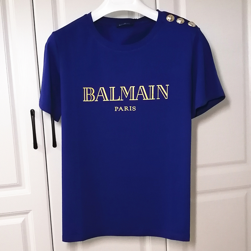Blue Gold2021 Spring and summer new pattern balmain Half sleeve Star of the same style shoulder  Gold clasp gilding letter Short sleeve Balman T-shirt