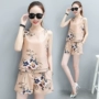 Quần short voan phù hợp với nữ 2018 mùa hè ladies casual in không tay áo rộng quần short chân đàn hồi eo hai mảnh áo kiểu trung niên