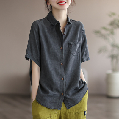 taobao agent French trade French single high -end big -name cutting female tail goods loose thin short sleeve top casual silk denim shirt