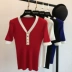 Ngắn tay áo triều mùa xuân 2018 mới của Hàn Quốc thời trang hoang dã T-Shirt Mỏng mỏng V-Cổ knit top Áo len cổ chữ V