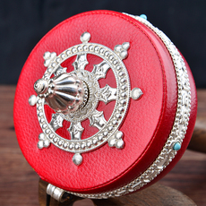 Молитвенный барабан 亚青银色红皮转经轮 手摇转经筒纯铜大号西藏式观音心持转经桶