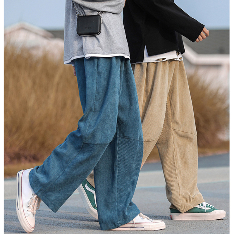 Trendy wide leg straight tube corduroy men's casual pants blue Japanese loose mop pants autumn Khaki