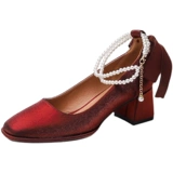 Красные свадебные туфли, белая обувь на высоком каблуке из жемчуга для невесты с бантиком