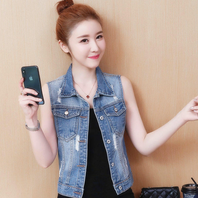 2018 mùa hè mới ngắn denim vest nữ Hàn Quốc phiên bản của không tay lỗ thời trang kích thước lớn hoang dã vest áo khoác