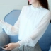 Mùa xuân áo sơ mi nhỏ tay dài chạm đáy áo sơ mi cổ đứng 2019 mới của phụ nữ Hàn Quốc hoang dã áo voan lưới ren - Áo sơ mi chiffon ren