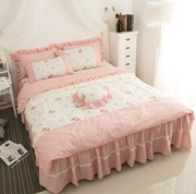 Khăn trải giường gồm bốn bộ bông công chúa mùa hè gió hoa đơn giản lá sen trải giường ngủ váy 1,8m giường - Bộ đồ giường bốn mảnh