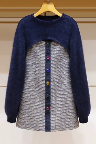 Зимний дизайнерский элегантный трикотажный свитер с круглым воротником, платье, комплект, 2022, тренд сезона