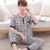 Bông lụa đồ ngủ nam ngắn tay quần cotton home quần áo cotton nhân tạo thanh niên phù hợp với đồ ngủ trung niên phần mỏng lưới Bộ Pajama