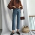 Quê hương đầu mùa thu mới phong cách Hàn Quốc cá tính rách cạnh là mỏng retro jeans nữ hoang dã nửa đàn hồi eo quần Quần jean
