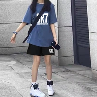Хлопковый летний комплект, футболка с коротким рукавом, штаны, спортивный костюм, в корейском стиле, короткий рукав