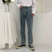 Với thắt lưng chic đơn giản phong cách Hàn Quốc mùa thu đông retro rửa quần jeans xanh nhạt thẳng eo cao quần tây nam