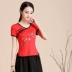 Trung quốc phong cách của phụ nữ áo thêu gió quốc gia mùa hè ăn mặc thêu ngắn tay t-shirt nữ kích thước lớn cotton mỏng đáy áo sơ mi