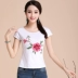 Trung quốc phong cách của phụ nữ áo sơ mi mùa hè thêu dân tộc ngắn tay t-shirt của phụ nữ cotton vòng cổ bông thêu đáy áo sơ mi Áo phông