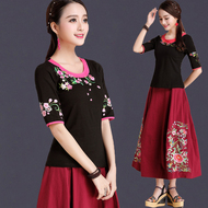 Trung quốc phong cách của phụ nữ mùa hè ăn mặc gió quốc gia áo sơ mi thêu ngắn tay T-Shirt nữ nửa tay kích thước lớn mỏng thêu áo sơ mi áo thun tay dài nữ