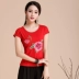 Trung quốc phong cách của phụ nữ áo sơ mi mùa hè thêu dân tộc ngắn tay t-shirt của phụ nữ cotton vòng cổ bông thêu đáy áo sơ mi Áo phông