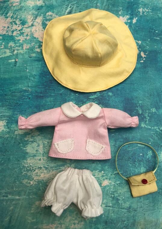 Baby Clothes - Pink SuitNight Charm doll ob11 Meijie pig 11cm Plastid doll Wearable immature Suit knapsack Hat