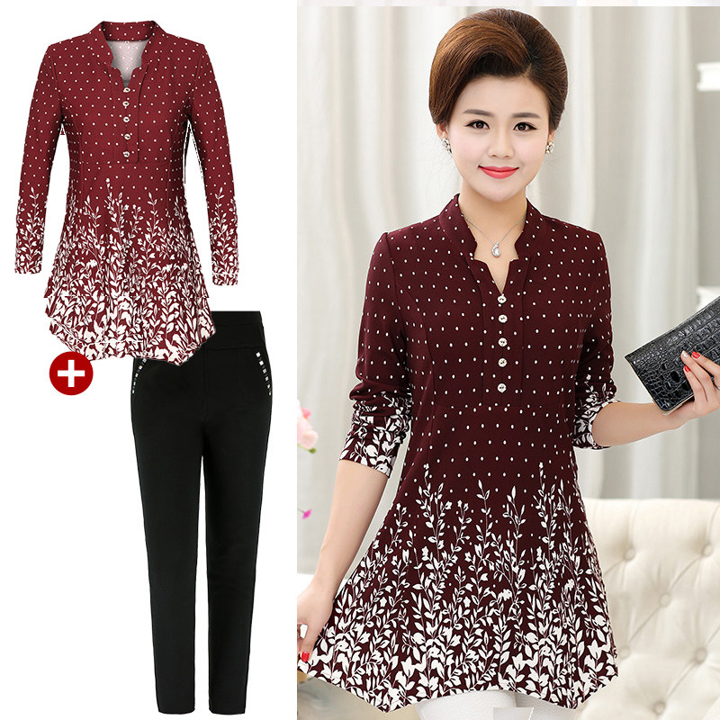 Mẹ mặc thời trang mùa thu phù hợp với nữ hai mảnh 2018 mới dài tay phụ nữ trung niên của mùa hè áo polka dot áo sơ mi